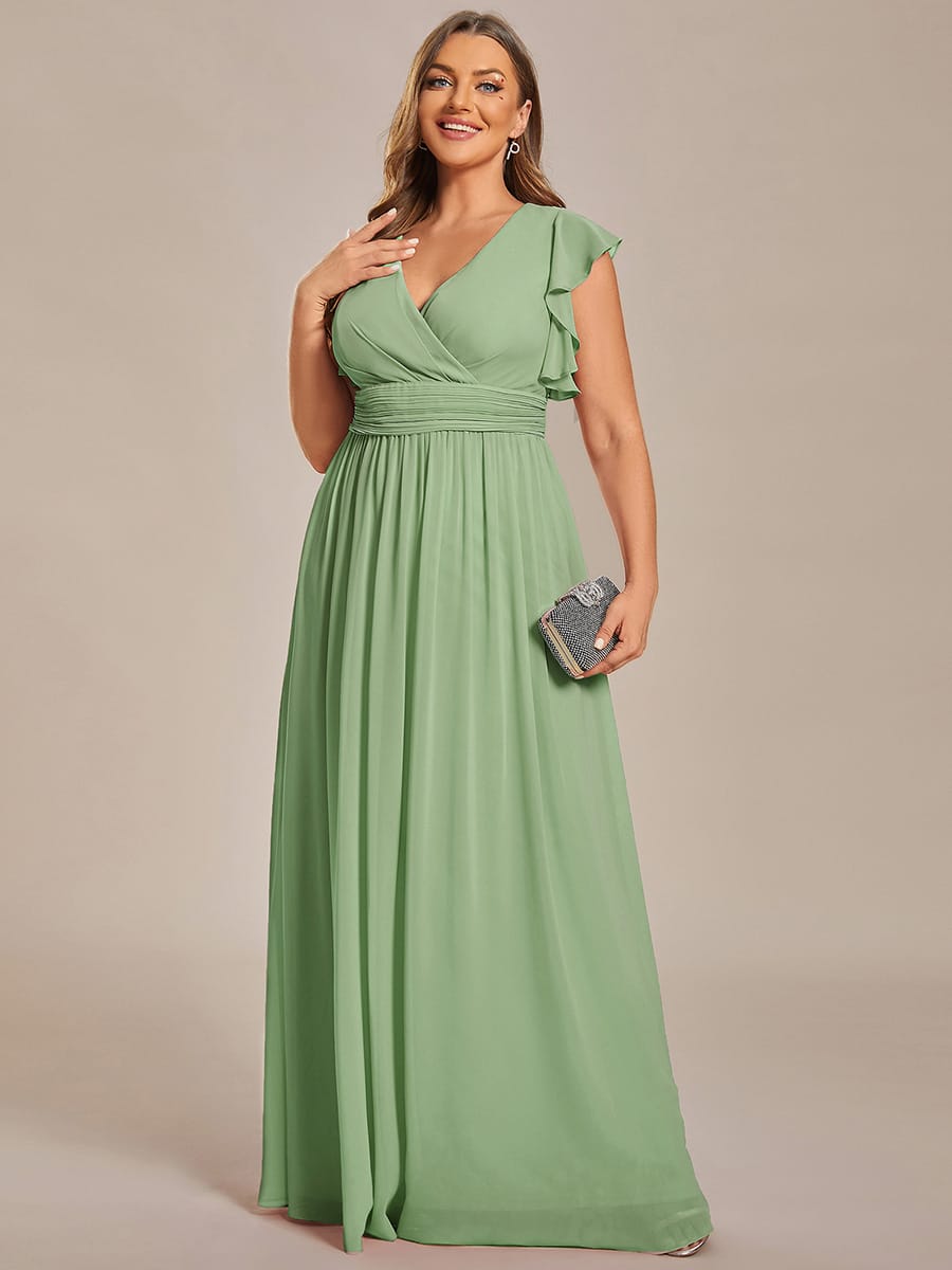 Plus Size V-Neck Open Back Ruffled Sleeves Chiffon Bridesmaid Dress #color_Sage Green
