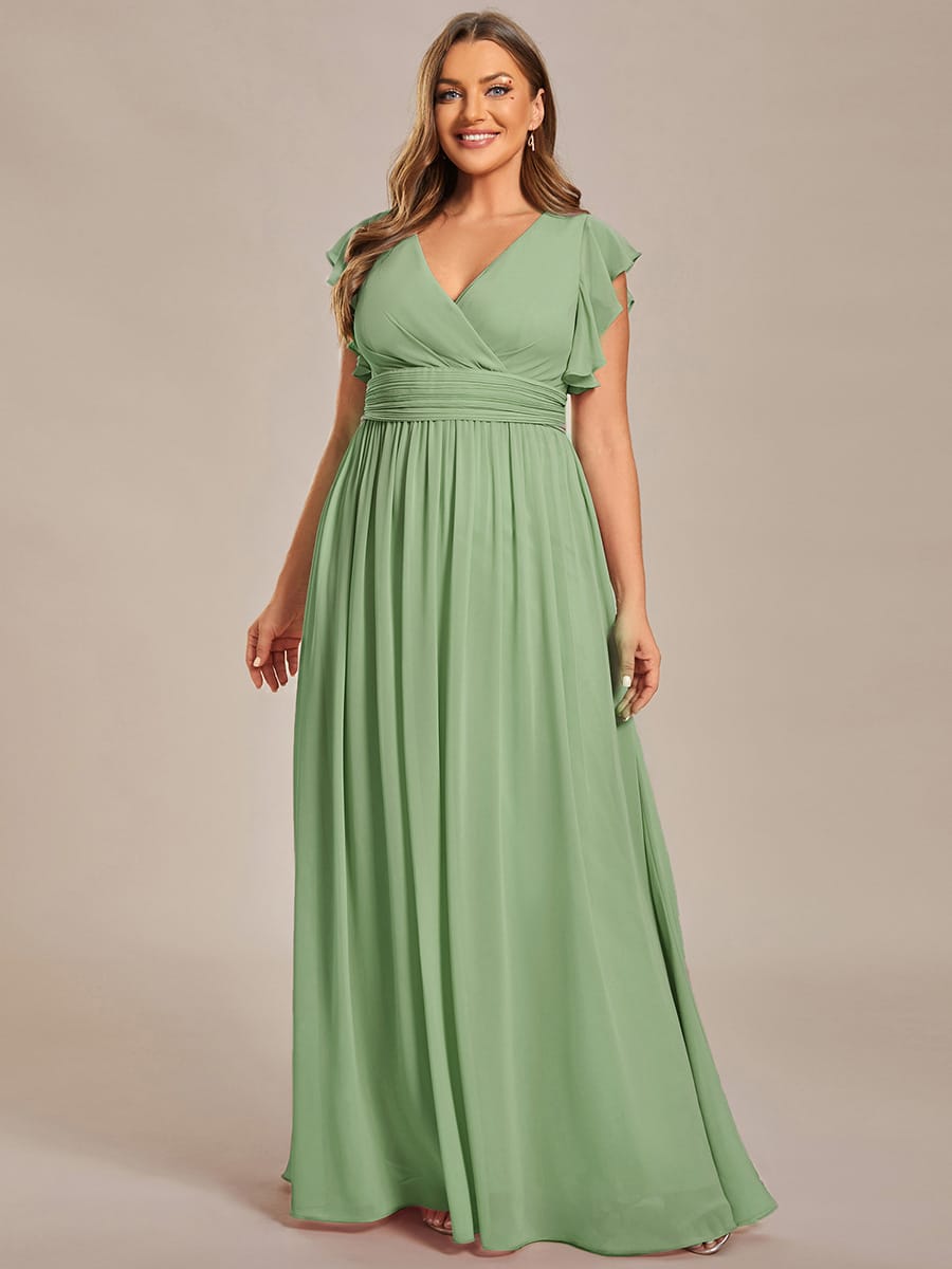 Plus Size V-Neck Open Back Ruffled Sleeves Chiffon Bridesmaid Dress #color_Sage Green