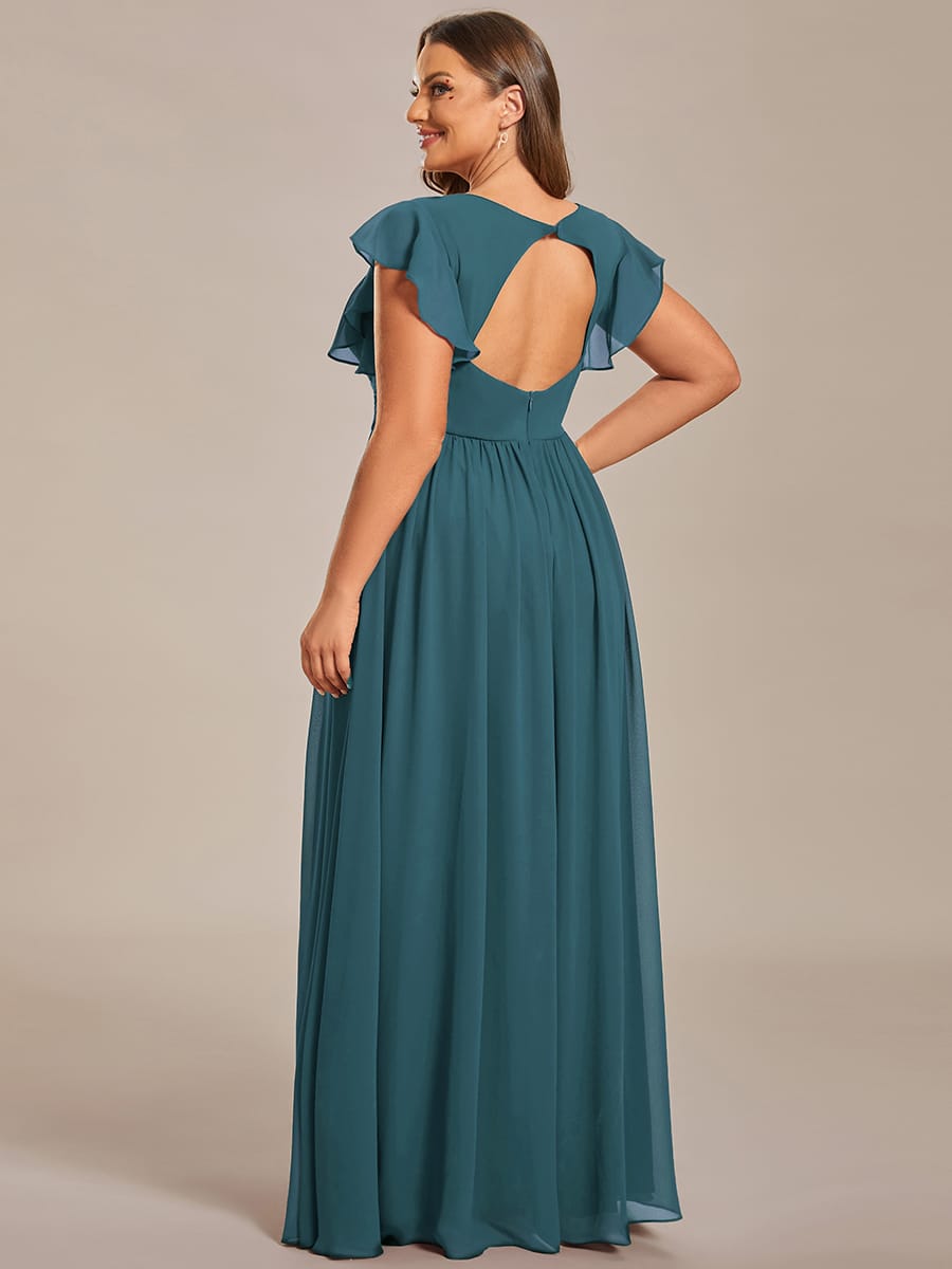 Plus Size V-Neck Open Back Ruffled Sleeves Chiffon Bridesmaid Dress #color_Teal