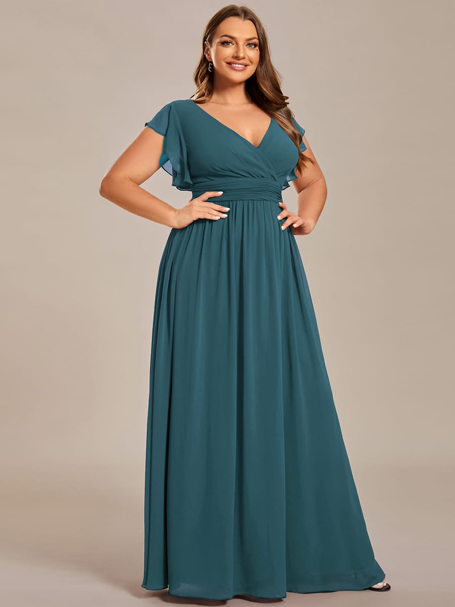 Plus Size V-Neck Open Back Ruffled Sleeves Chiffon Bridesmaid Dress #color_Teal