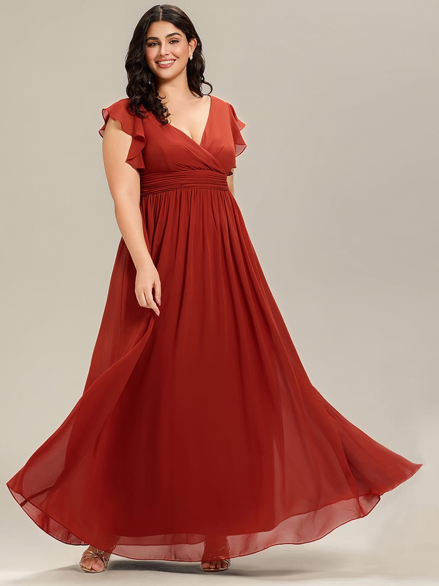 Plus Size V-Neck Open Back Ruffled Sleeves Chiffon Bridesmaid Dress #color_Vermilion