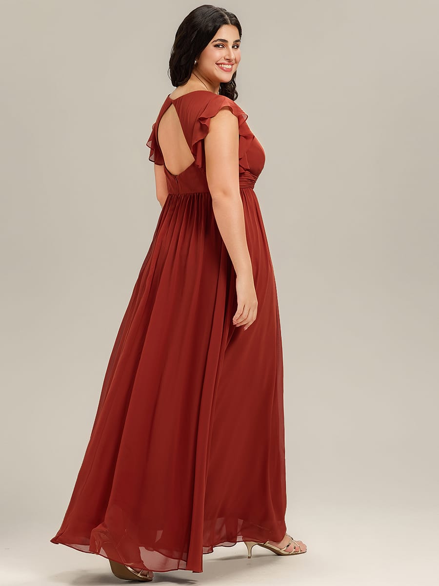Plus Size V-Neck Open Back Ruffled Sleeves Chiffon Bridesmaid Dress #color_Vermilion