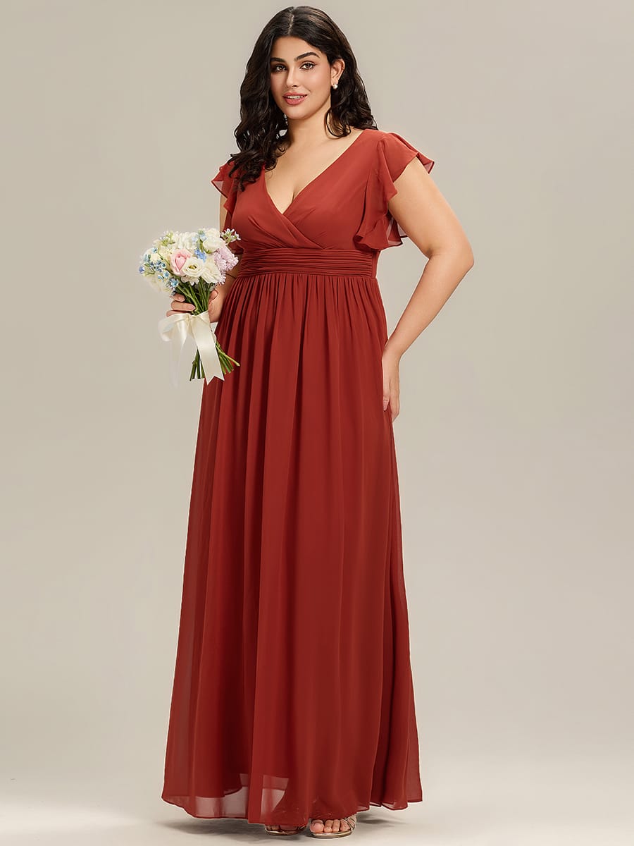 Plus Size V-Neck Open Back Ruffled Sleeves Chiffon Bridesmaid Dress #color_Vermilion