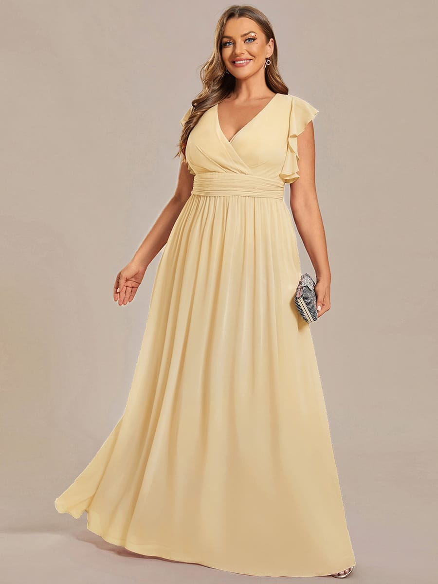 Plus Size V-Neck Open Back Ruffled Sleeves Chiffon Bridesmaid Dress #color_Yellow