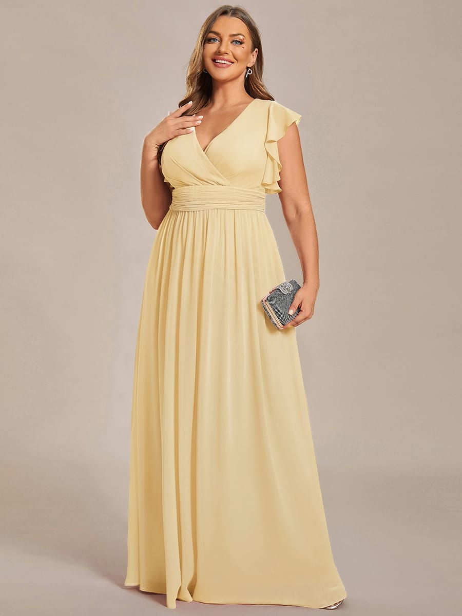 Plus Size V-Neck Open Back Ruffled Sleeves Chiffon Bridesmaid Dress #color_Yellow