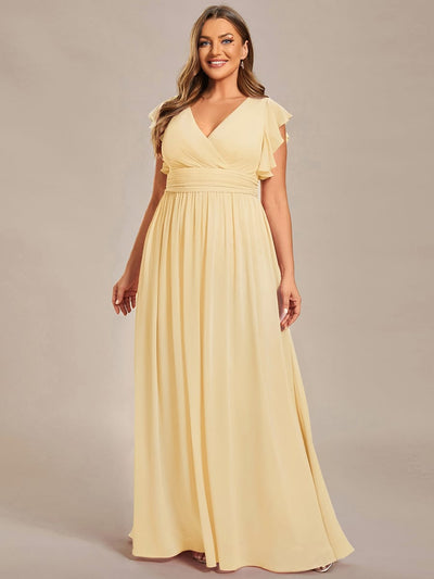 pretty LILYANA|Plus Size V-Neck Open Back Ruffled Sleeves Chiffon Bridesmaid Dress