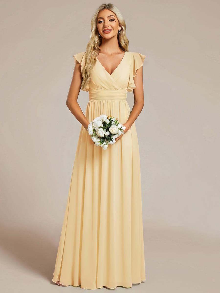 Elegant V-Neck Open Back Chiffon Bridesmaid Dress with Ruffled Sleeves #color_Yellow