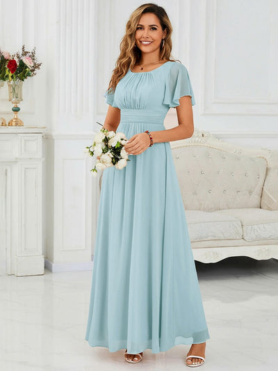 Simple Chiffon Pleated A-Line Round Neckline Dress in Black #color_Sky Blue