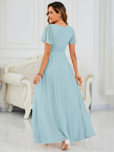 Simple Chiffon Pleated A-Line Round Neckline Dress in Black #color_Sky Blue