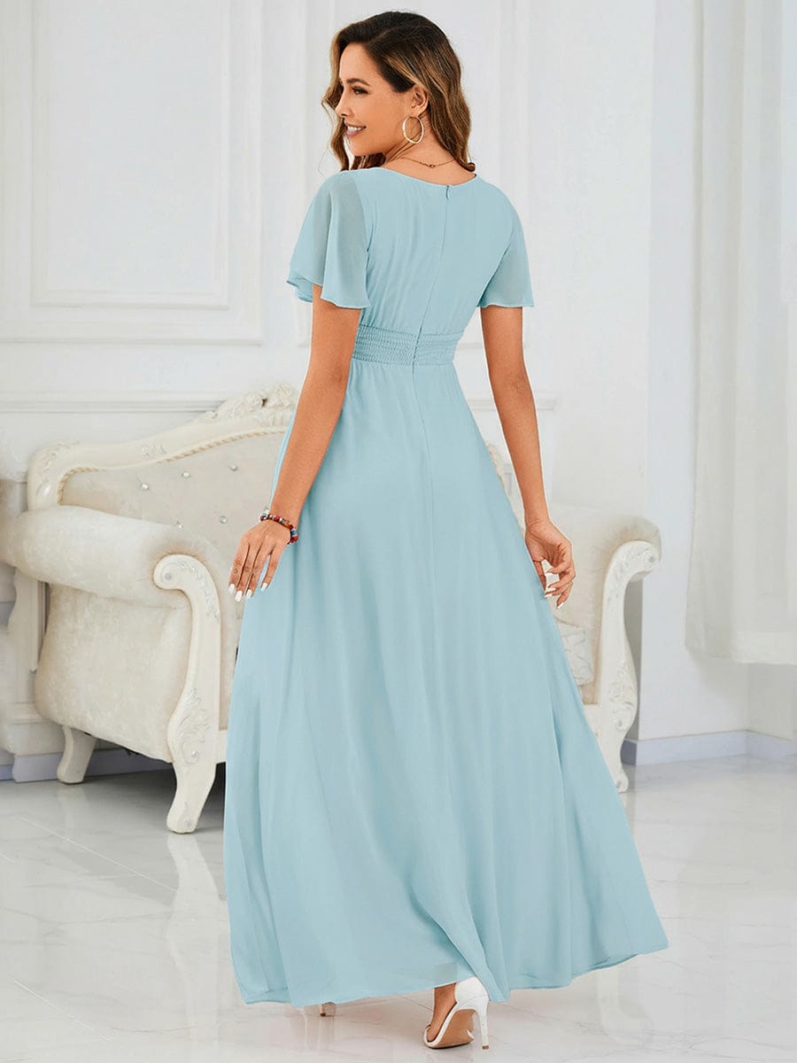 Simple Chiffon Pleated A-Line Round Neckline Dress in Black #color_Sky Blue