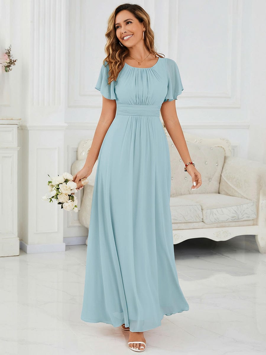 Simple Chiffon Pleated A-Line Round Neckline Dress in Black #color_Sky Blue