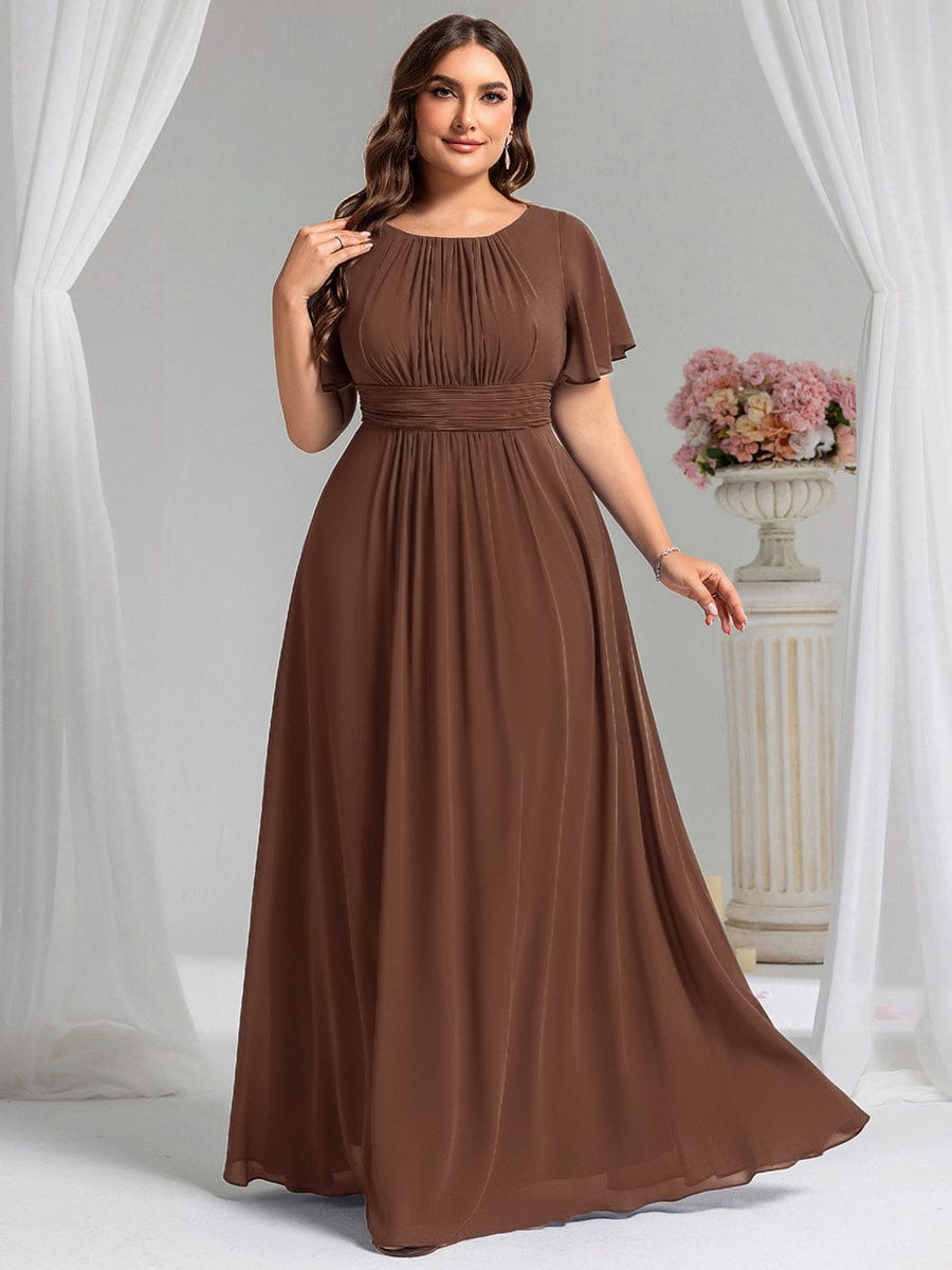 Simple Chiffon Pleated A-Line Round Neckline Dress in Black #color_Brown
