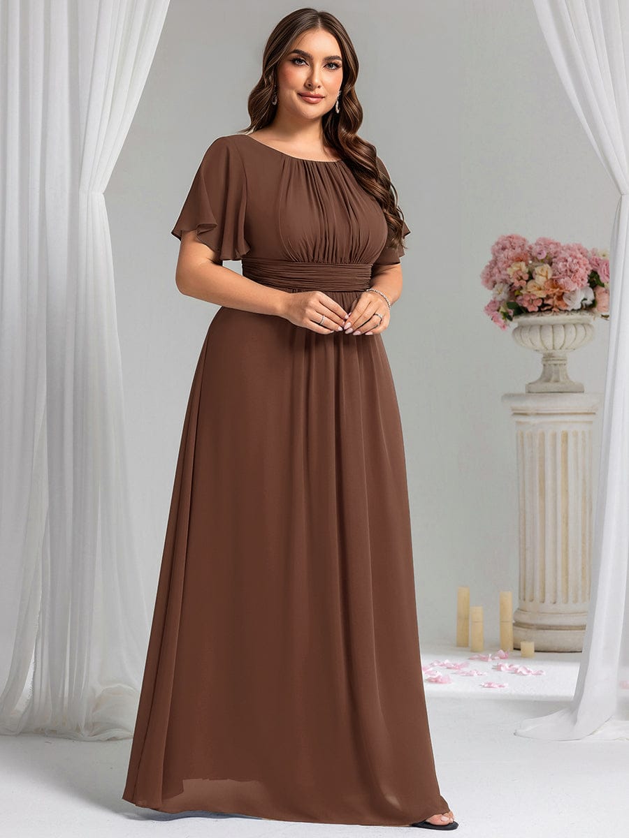 Simple Chiffon Pleated A-Line Round Neckline Dress in Black #color_Brown
