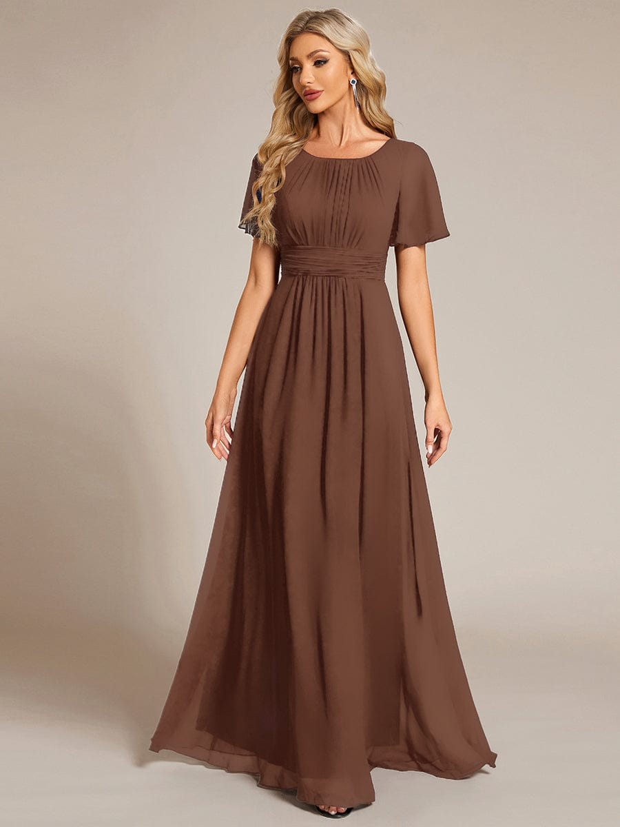Simple Chiffon Pleated A-Line Round Neckline Dress in Black #color_Brown