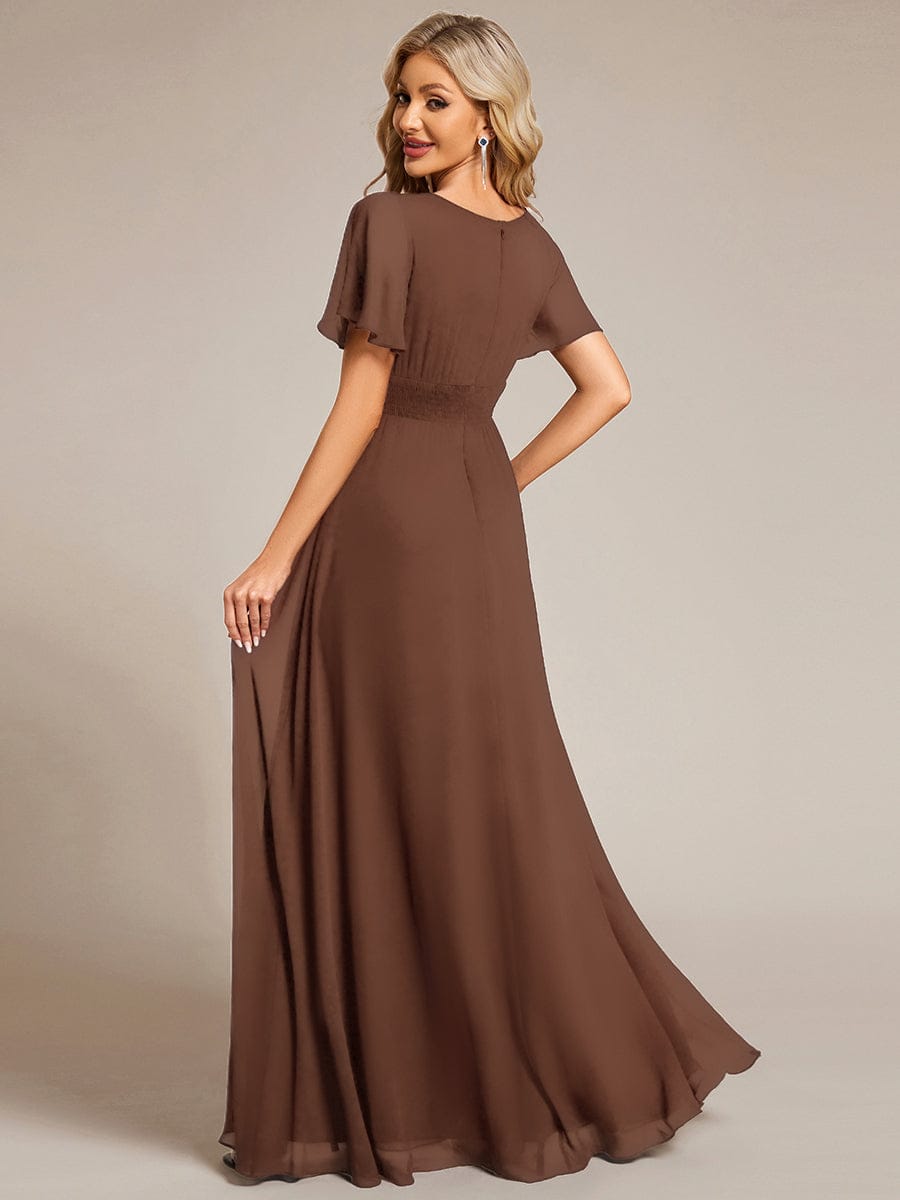 Simple Chiffon Pleated A-Line Round Neckline Dress in Black #color_Brown
