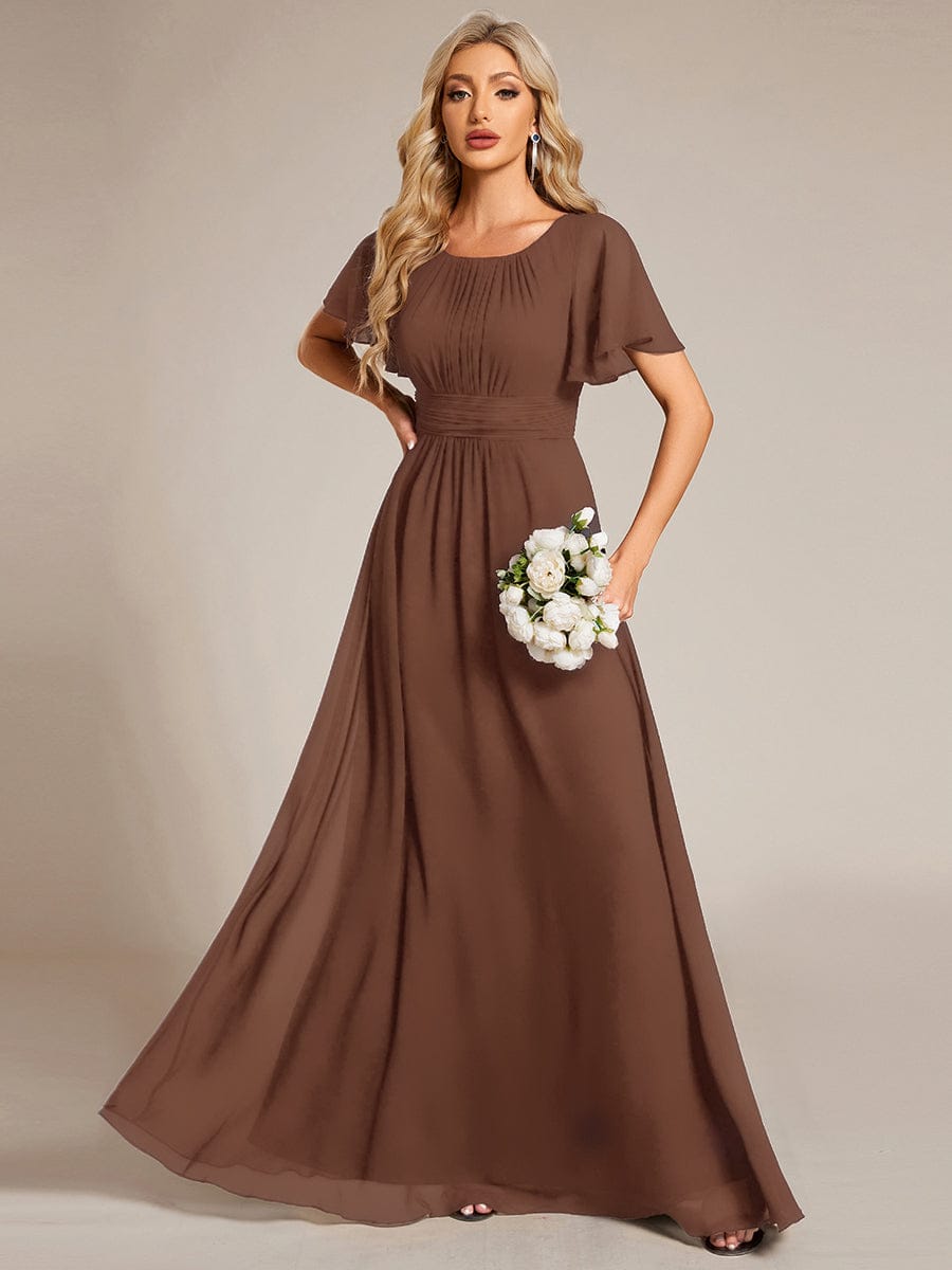 Simple Chiffon Pleated A-Line Round Neckline Dress in Black #color_Brown