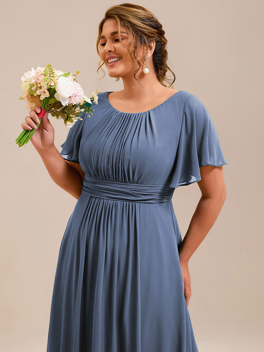 Plus Size Simple Chiffon Pleated A-Line Round Neckline Bridesmaid Dress #color_Dusty Blue