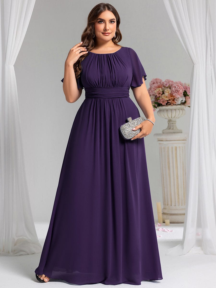 Simple Chiffon Pleated A-Line Round Neckline Bridesmaid Dress #color_Dark Purple