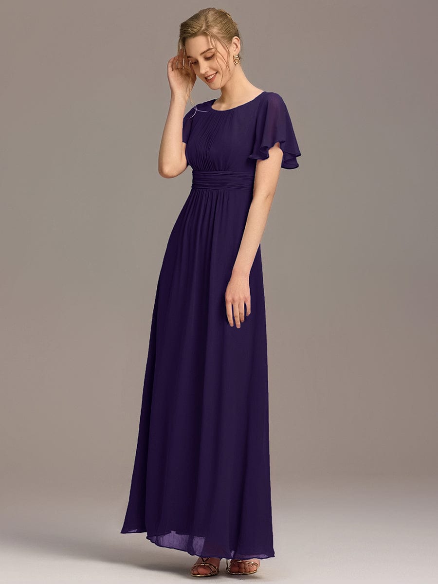 Simple Chiffon Pleated A-Line Round Neckline Bridesmaid Dress #color_Dark Purple