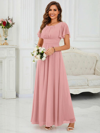 Simple Chiffon Pleated A-Line Round Neckline Dress in Black #color_Dusty Rose
