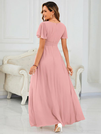Simple Chiffon Pleated A-Line Round Neckline Dress in Black #color_Dusty Rose