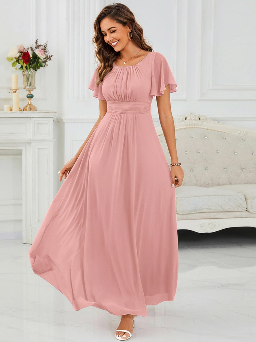 Simple Chiffon Pleated A-Line Round Neckline Dress in Black #color_Dusty Rose