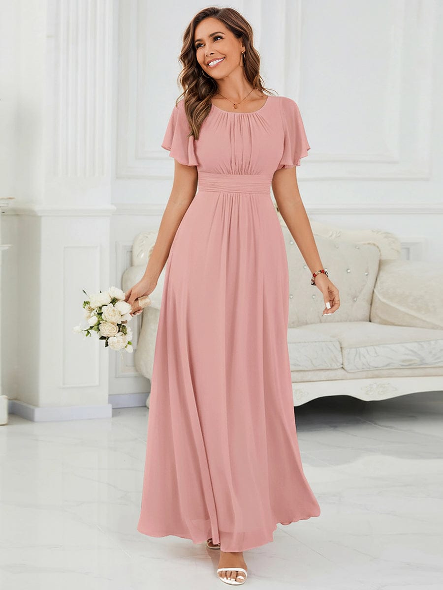 Simple Chiffon Pleated A-Line Round Neckline Dress in Black #color_Dusty Rose