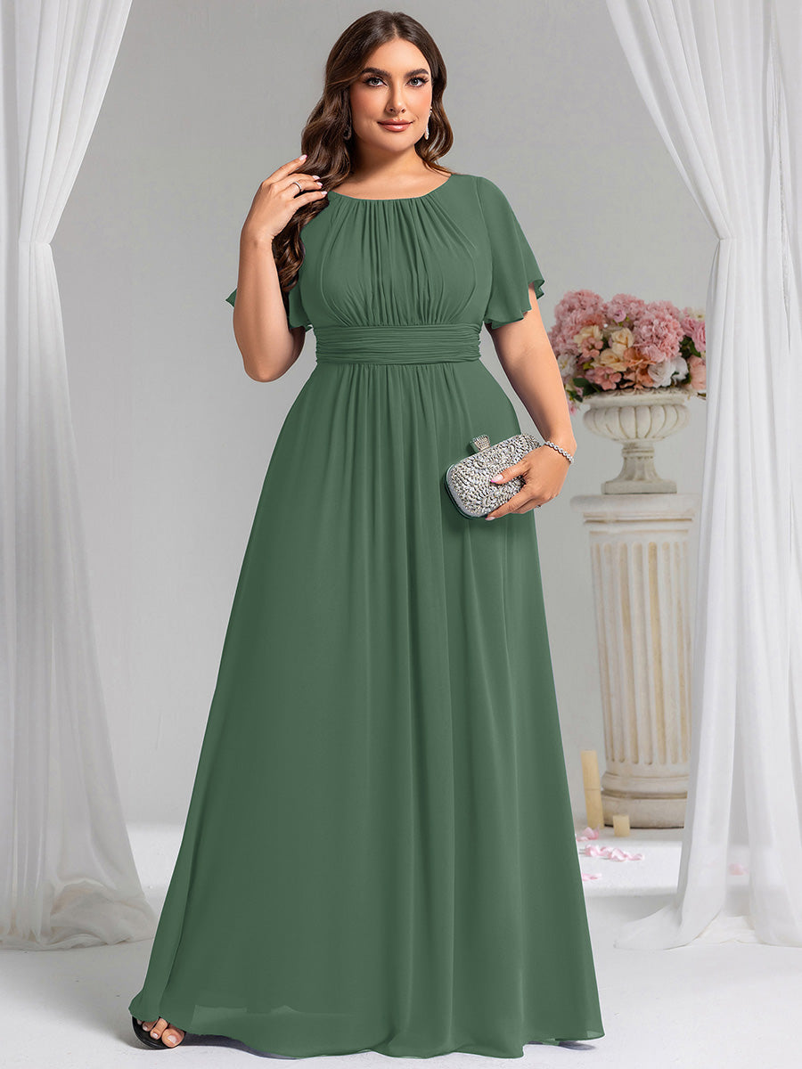 Plus Size Simple Chiffon Pleated A-Line Round Neckline Bridesmaid Dress #color_Eucalyptus Green