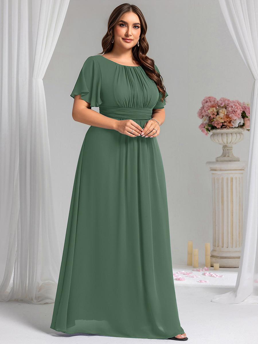 Plus Size Simple Chiffon Pleated A-Line Round Neckline Bridesmaid Dress #color_Eucalyptus Green