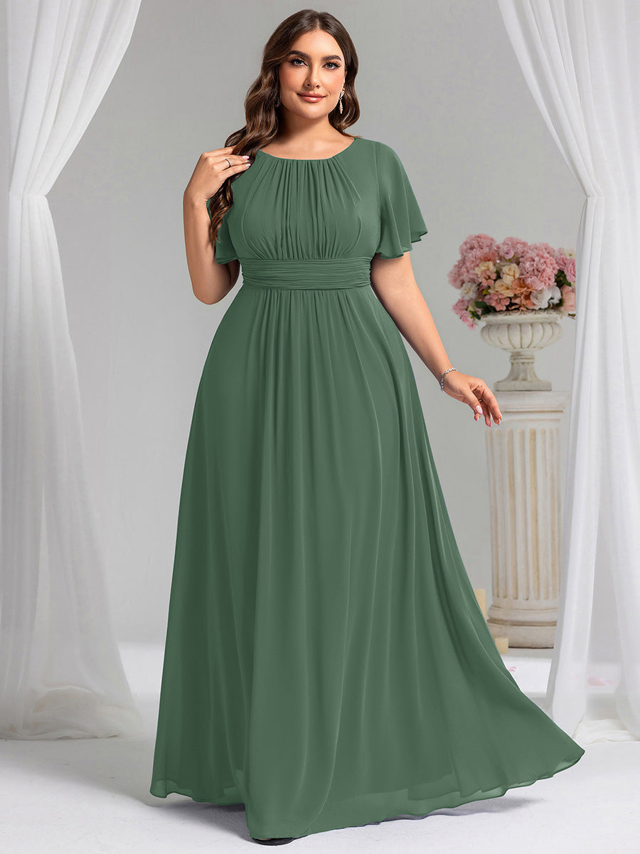 Plus Size Simple Chiffon Pleated A-Line Round Neckline Bridesmaid Dress #color_Eucalyptus Green
