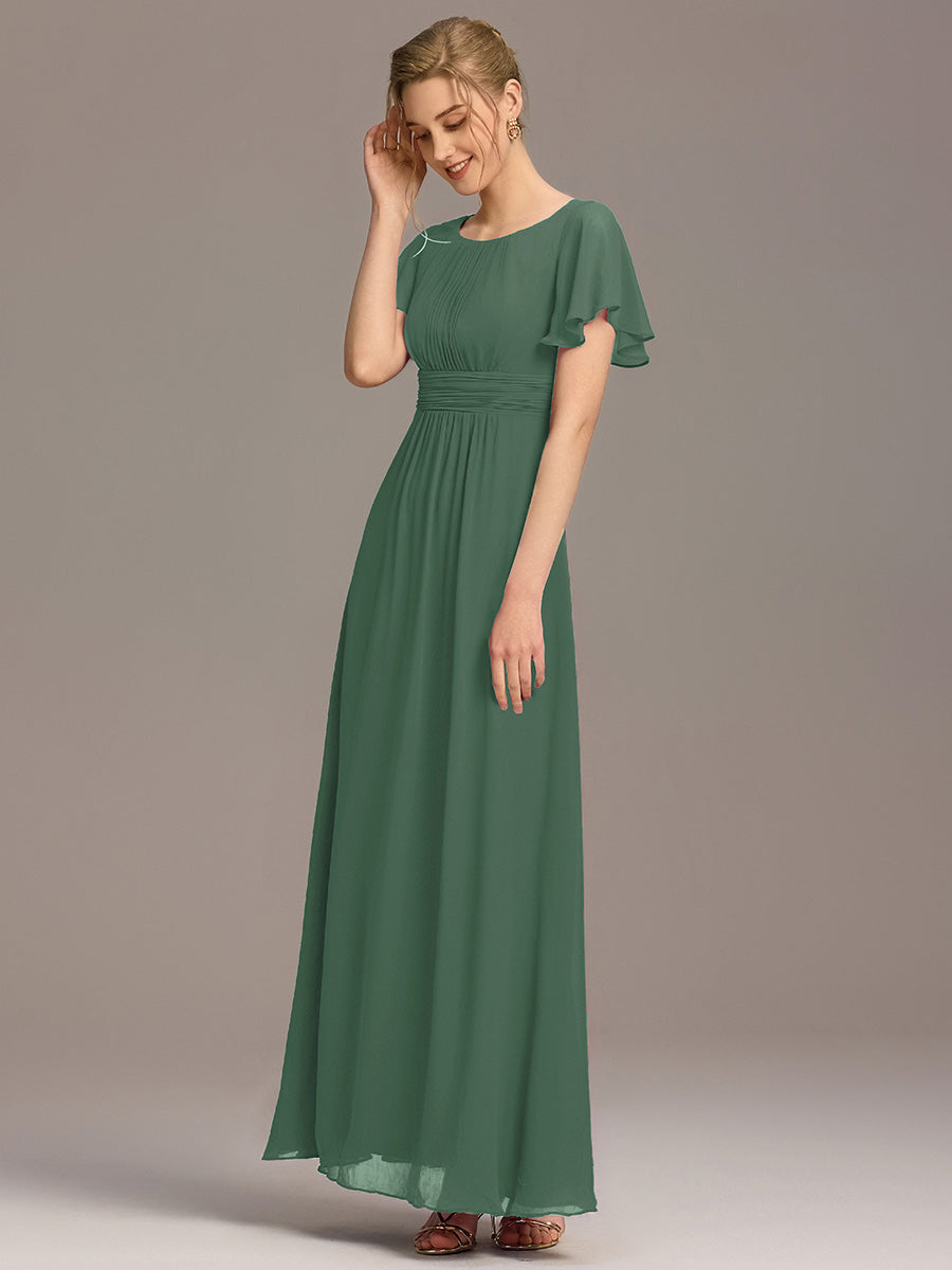 Simple Chiffon Pleated A-Line Round Neckline Bridesmaid Dress #color_Eucalyptus Green