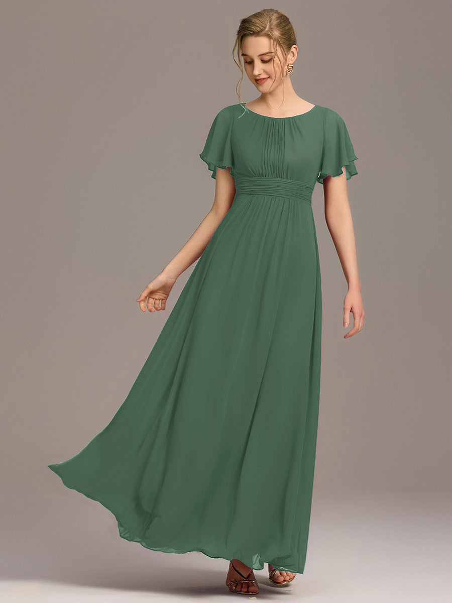 Simple Chiffon Pleated A-Line Round Neckline Bridesmaid Dress #color_Eucalyptus Green