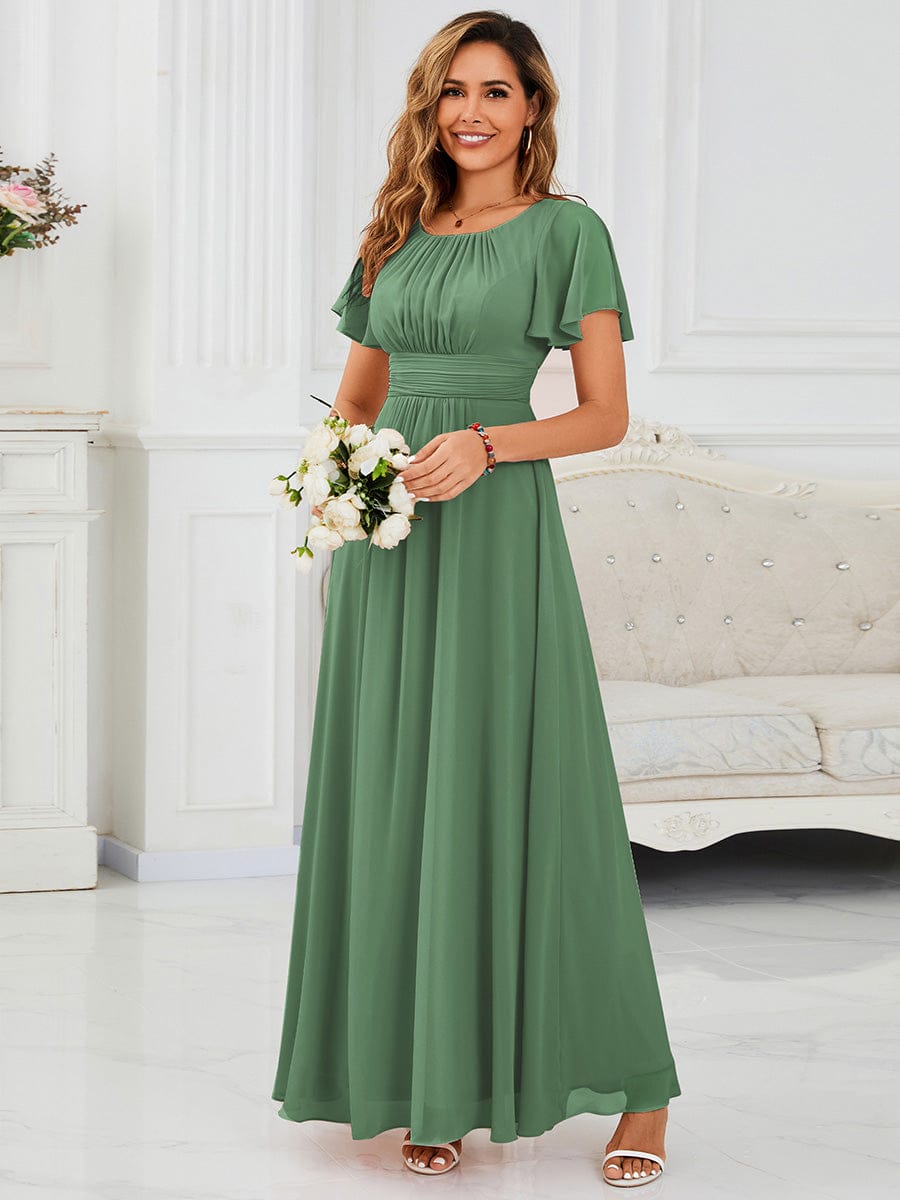 Simple Chiffon Pleated A-Line Round Neckline Bridesmaid Dress #color_Green Bean