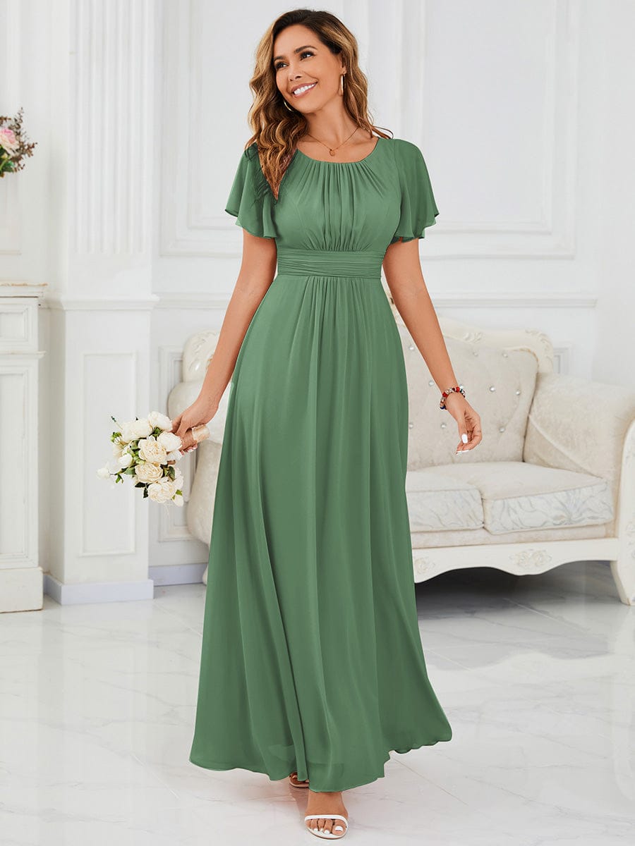 Simple Chiffon Pleated A-Line Round Neckline Bridesmaid Dress #color_Green Bean