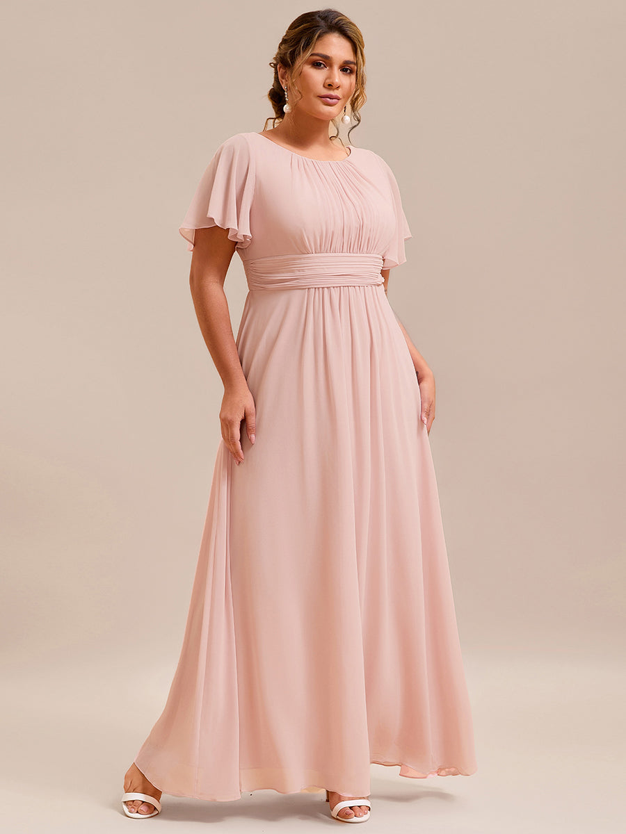 Plus Size Simple Chiffon Pleated A-Line Round Neckline Bridesmaid Dress #color_Pink