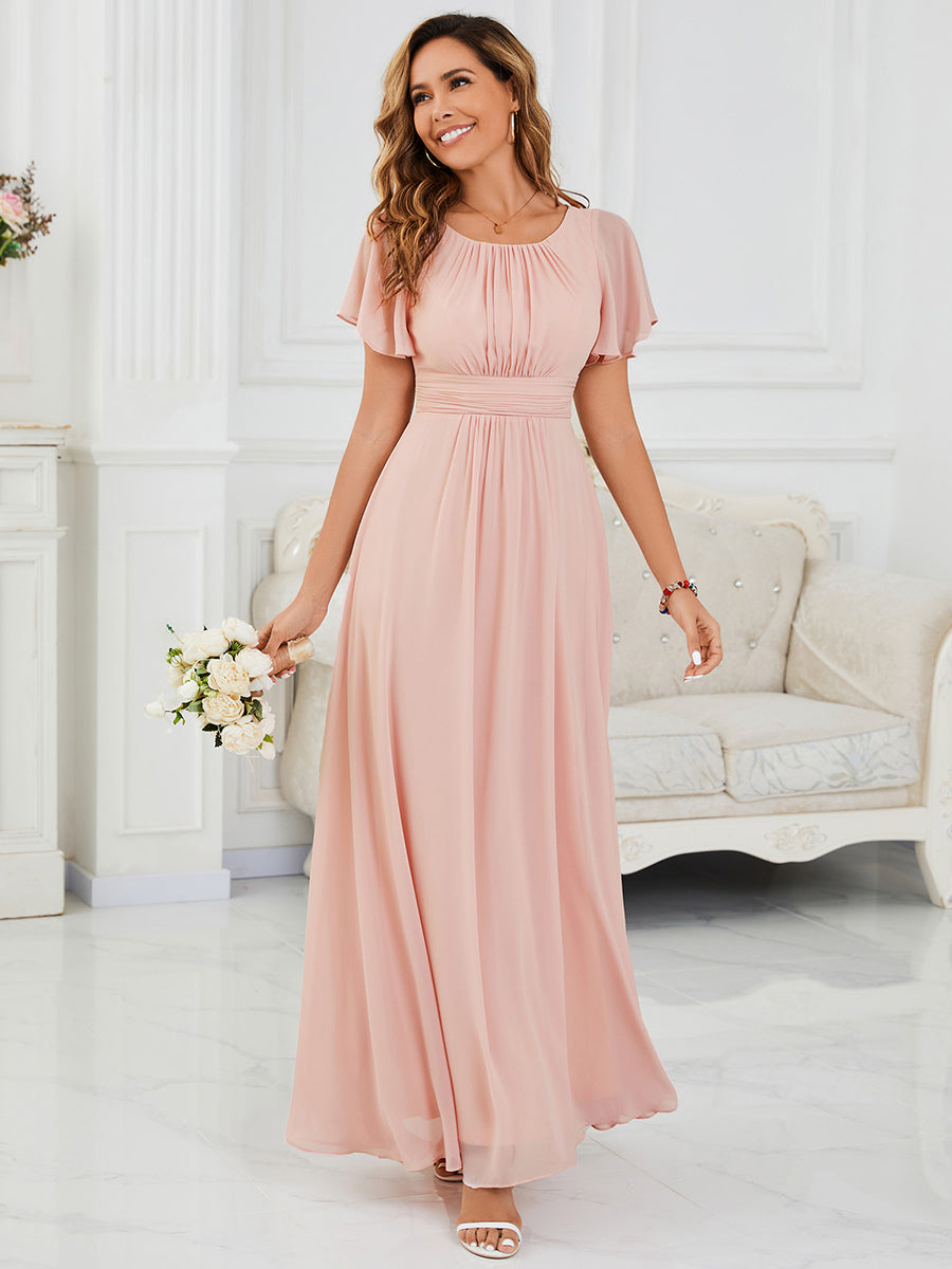 Simple Chiffon Pleated A-Line Round Neckline Bridesmaid Dress #color_Pink