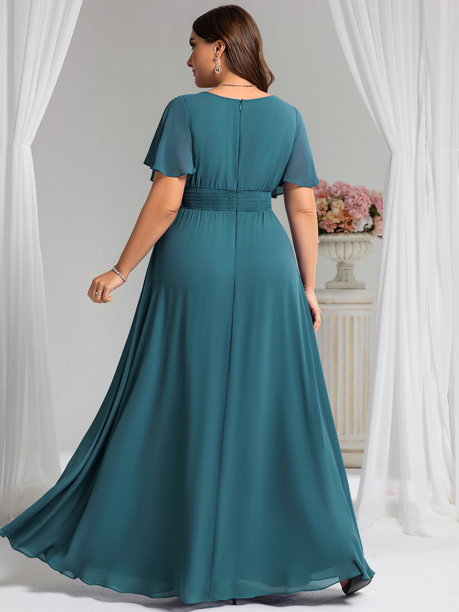 Stylish Chiffon Plus Size Evening Dresses with Long Lantern Sleeves #color_Teal
