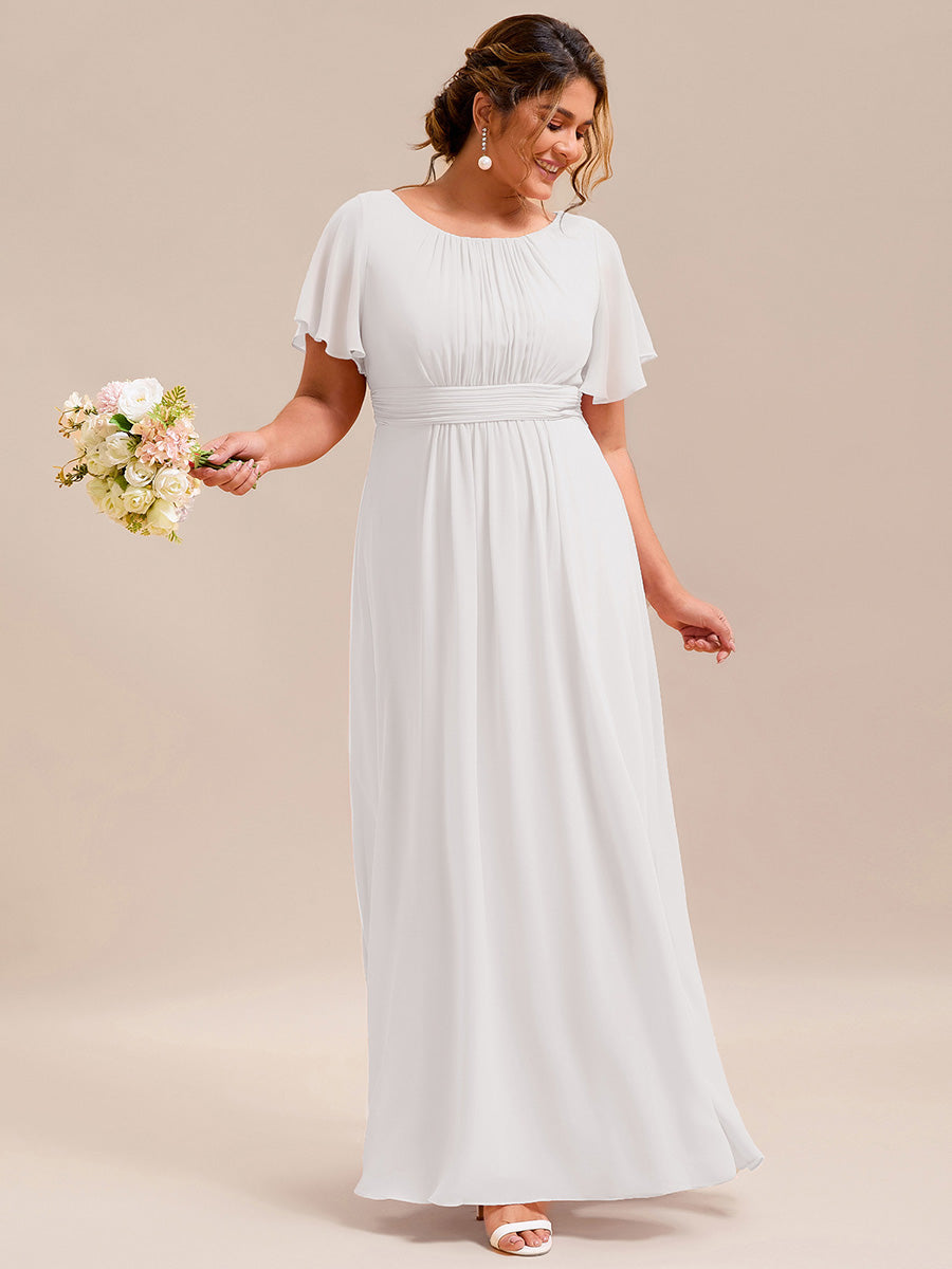 Plus Size Simple Chiffon Pleated A-Line Round Neckline Bridesmaid Dress #color_White