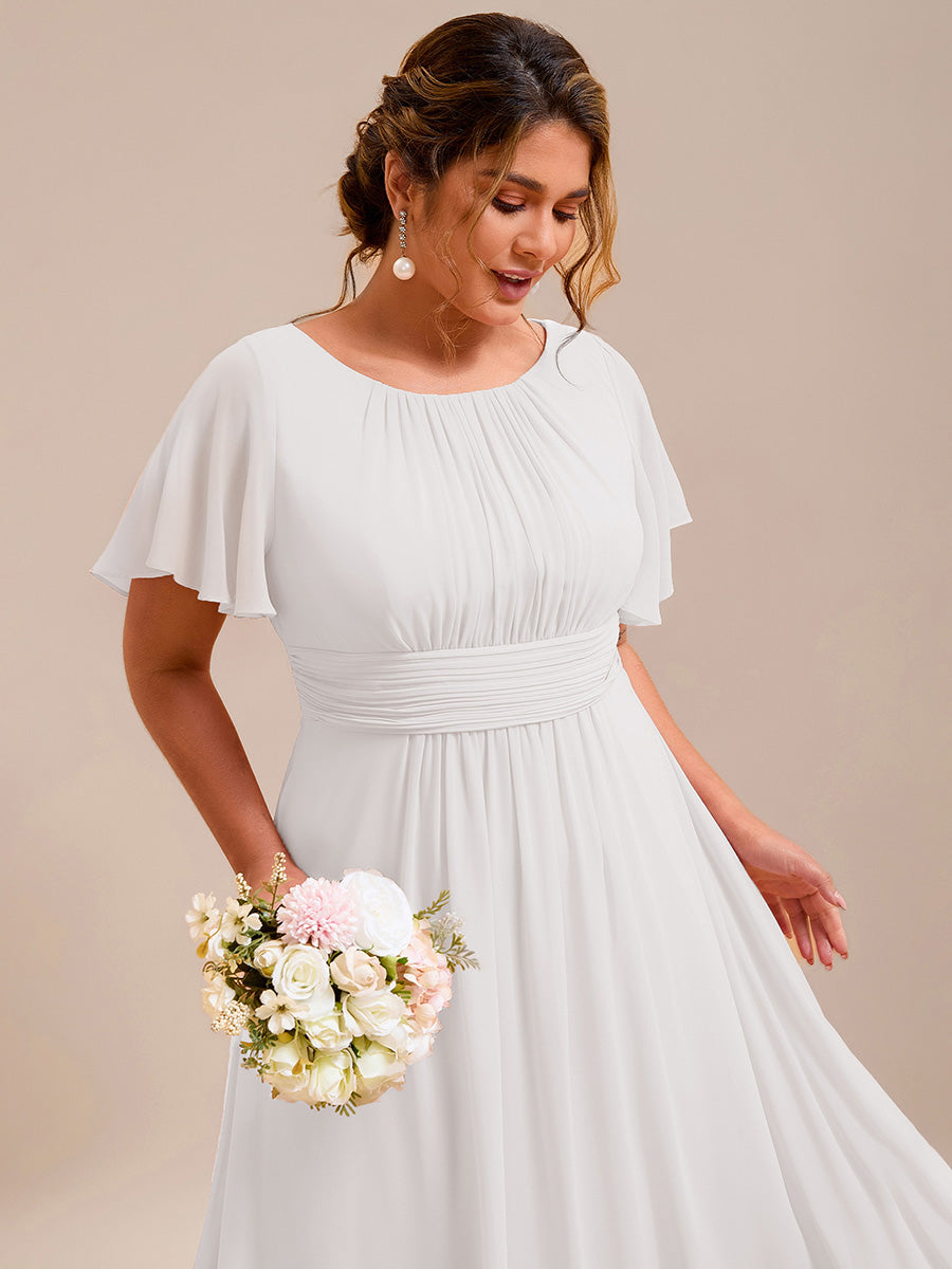 Plus Size Simple Chiffon Pleated A-Line Round Neckline Bridesmaid Dress #color_White
