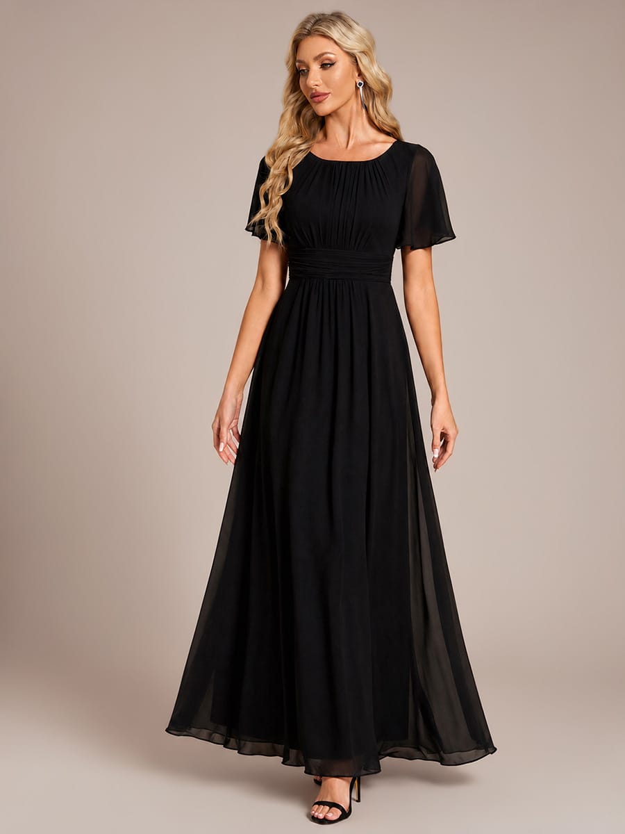 Simple Chiffon Pleated A-Line Round Neckline Bridesmaid Dress #color_Black
