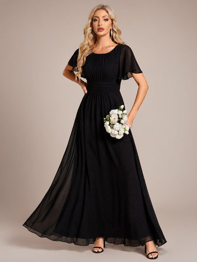 Simple Chiffon Pleated A-Line Round Neckline Dress in Black