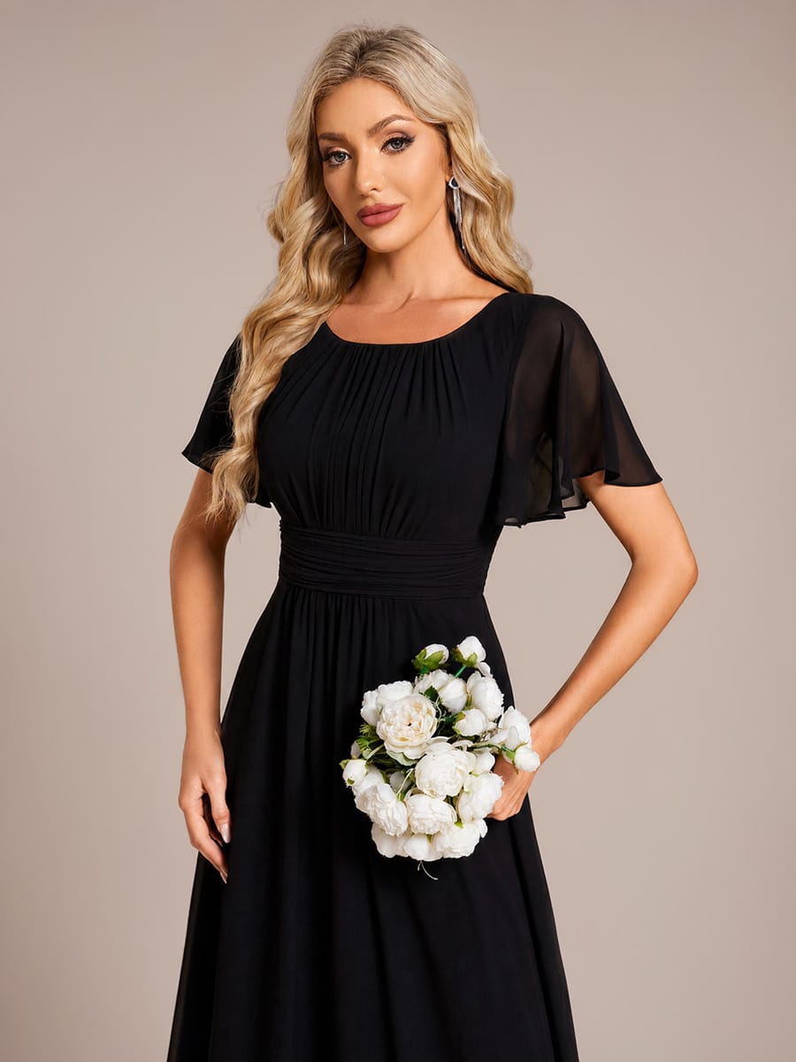 Simple Chiffon Pleated A-Line Round Neckline Bridesmaid Dress #color_Black