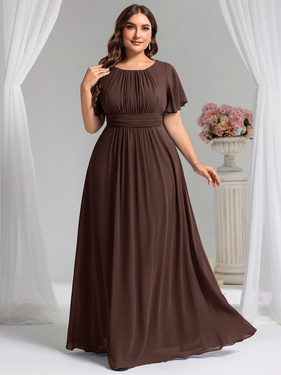 Simple Chiffon Pleated A-Line Round Neckline Bridesmaid Dress #color_Chocolate Brown