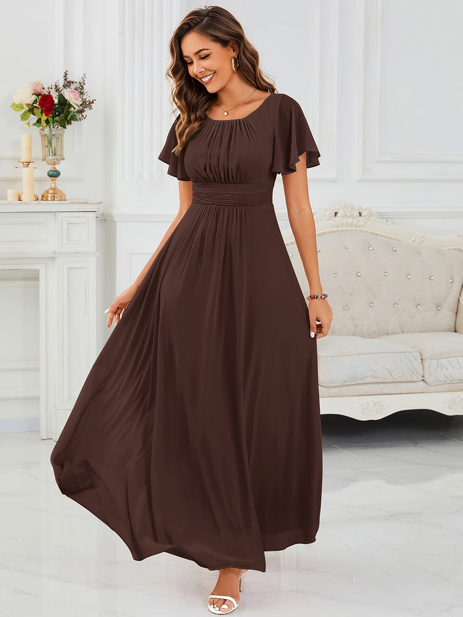 Simple Chiffon Pleated A-Line Round Neckline Bridesmaid Dress #color_Chocolate Brown