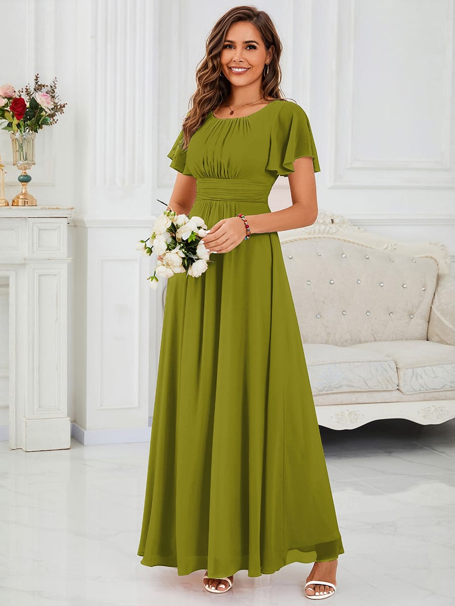 Simple Chiffon Pleated A-Line Round Neckline Bridesmaid Dress #color_Citron
