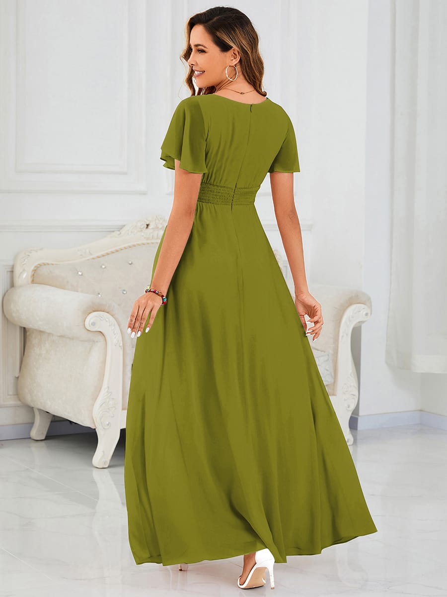 Simple Chiffon Pleated A-Line Round Neckline Bridesmaid Dress #color_Citron