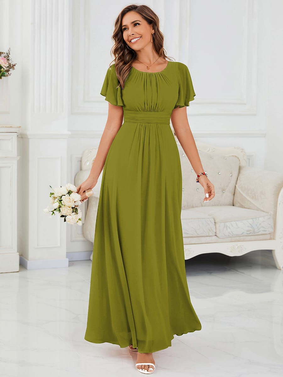 Simple Chiffon Pleated A-Line Round Neckline Bridesmaid Dress #color_Citron