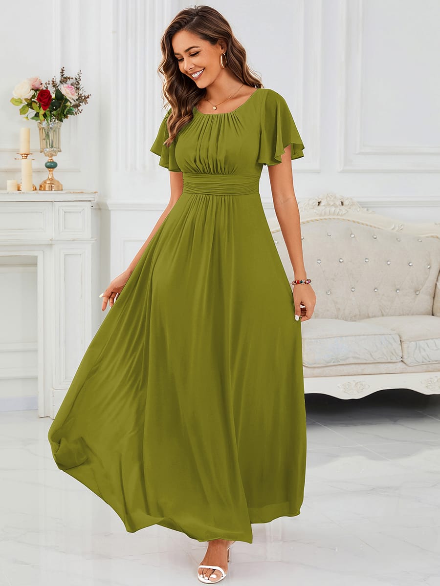 Simple Chiffon Pleated A-Line Round Neckline Bridesmaid Dress #color_Citron