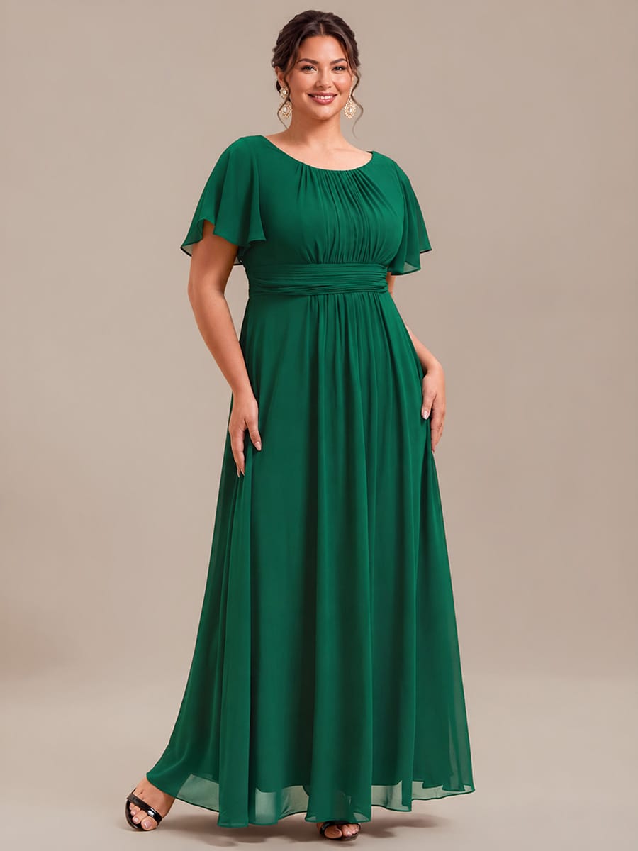 Plus Size Simple Chiffon Pleated A-Line Round Neckline Bridesmaid Dress #color_Dark Green
