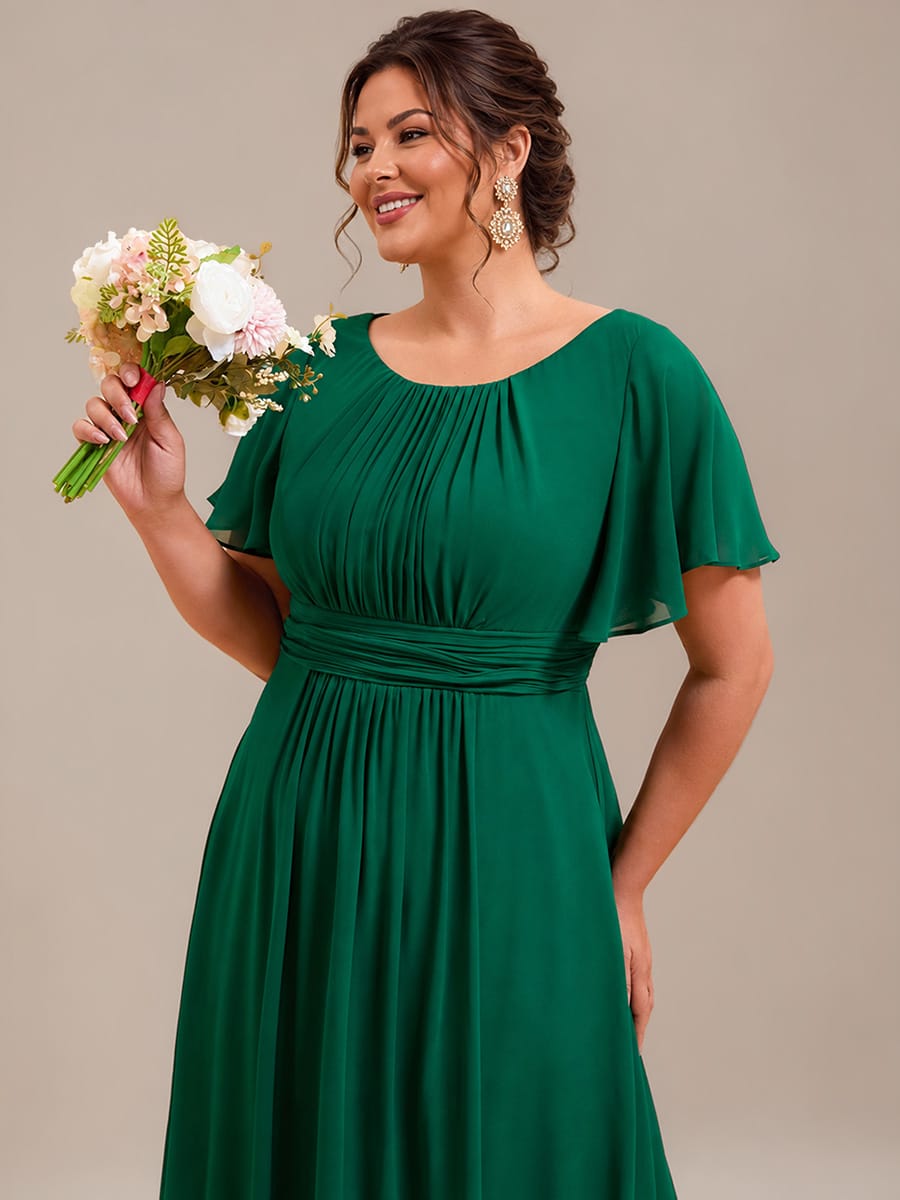 Plus Size Simple Chiffon Pleated A-Line Round Neckline Bridesmaid Dress #color_Dark Green